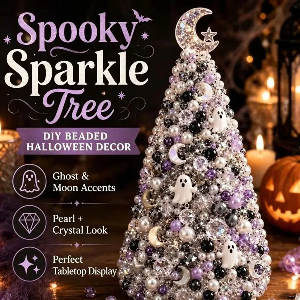 Handmade Halloween Beaded Decor Tree With Ghost Moon Rhinestone Details For Home Tabletop Holiday Party Decor