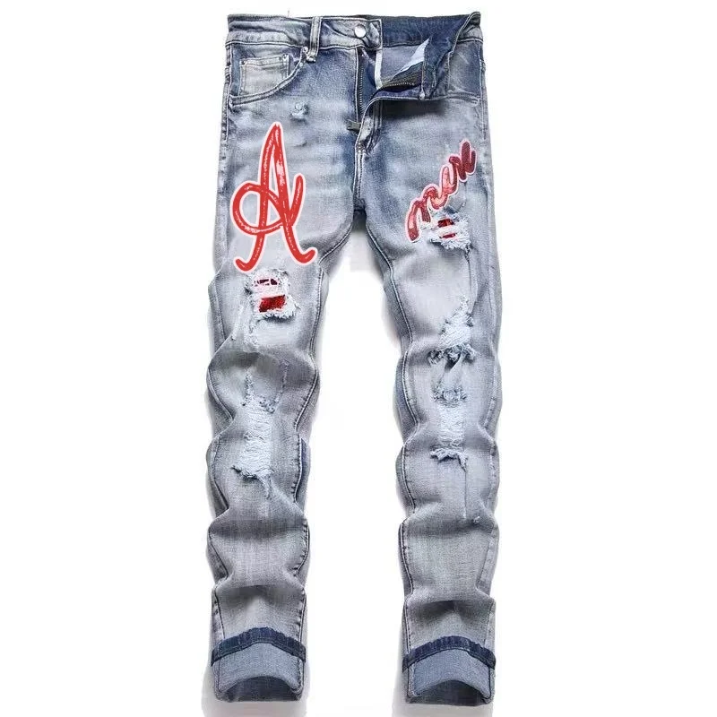 Men Hip Hop Distressed Ripped Hole Jeans Red Embroidered Patches Washed Denim Pants Trendy Casual Streetwear Trousers