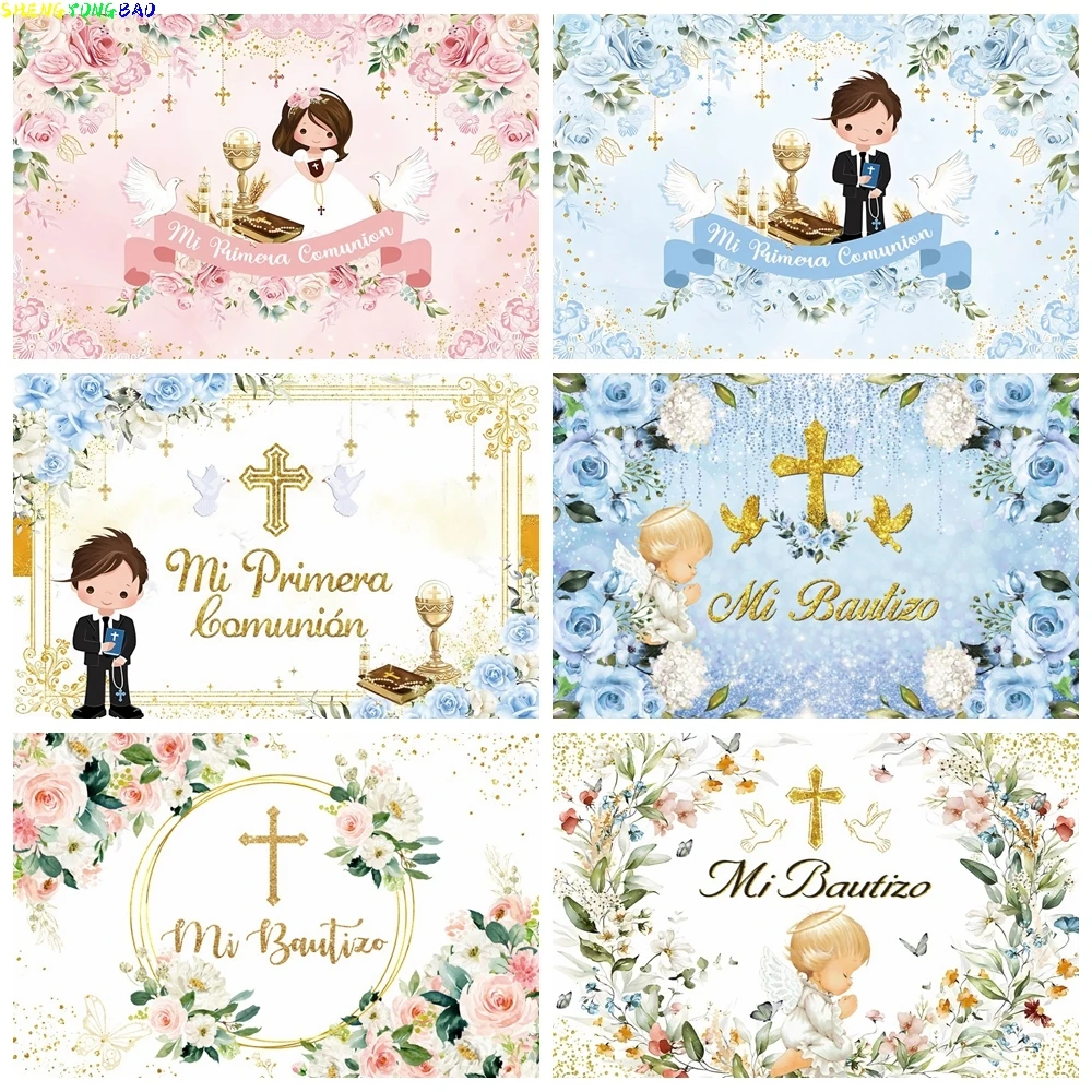 

Baby Baptism Background Boy Girl First Holy Communion Party Decor Backdrop Blue Pink Flowers Angel Photo Banner Studio Props