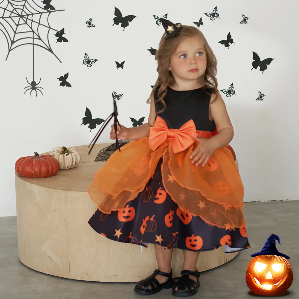 Newborn Baby Dress Weekly Toddler Orange Black Performance Costume Baby Girls Halloween Pumpkin Kids Dress Girls Party Dresses