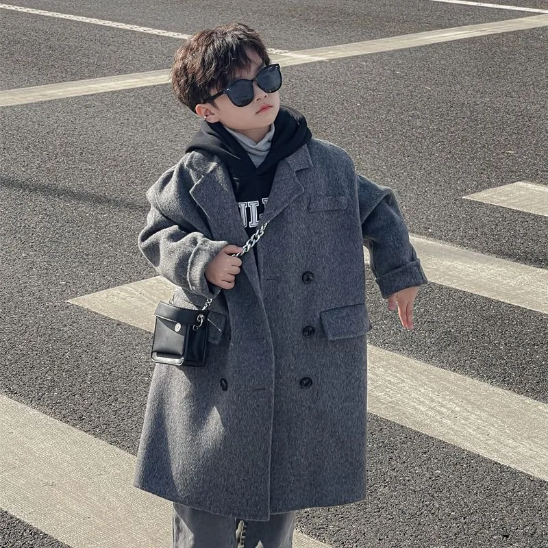 

2025 Winter New Unisex Big Kids Quilted Woolen Coat Longline Fashion Outerwear for Children