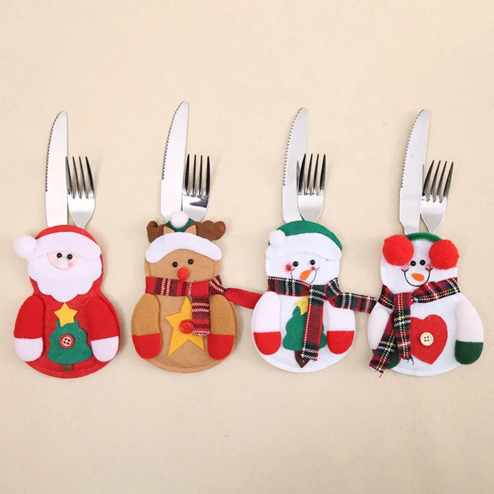 

Festive Christmas Tableware Holder Bag Reusable Santa Snowman Elk Christmas Fork Pocket Cute Cloth Christmas Cutlery Bag Xmas