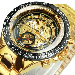 WINNER Gold Skeleton Mechanical Mens Watches Top Brand Luxury Automatic Watch Luminous Stainless Steel Strap Classic Male Clock