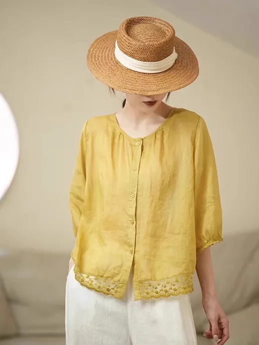 

Retro Heavy Embroidery Cotton Linen Casual irt Women Summer Loose Fit Lightweight ort Sve Open Cardigan Top