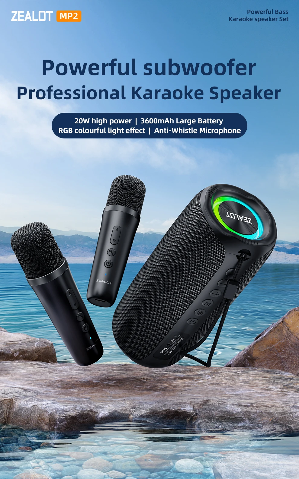 Zealot-MP2 Karaoke-Maschine Tragbarer Bluetooth-Lautsprecher mit 1-2 Kabellosen Mikrofonen 10 Stunden Spielzeit, IPX5 Wasserdicht für Draußen – Detail 2