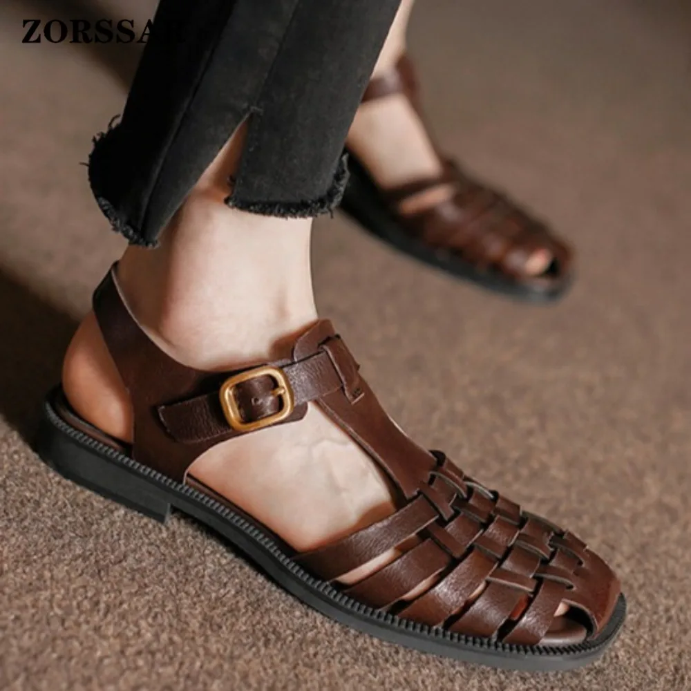 

Женские сандалии из натуральной кожи с закрытым носком, плетеные, в римском стиле, с регулируемым ремешком на пятке, на плоской подошве, в стиле ретро, повседневные, летние