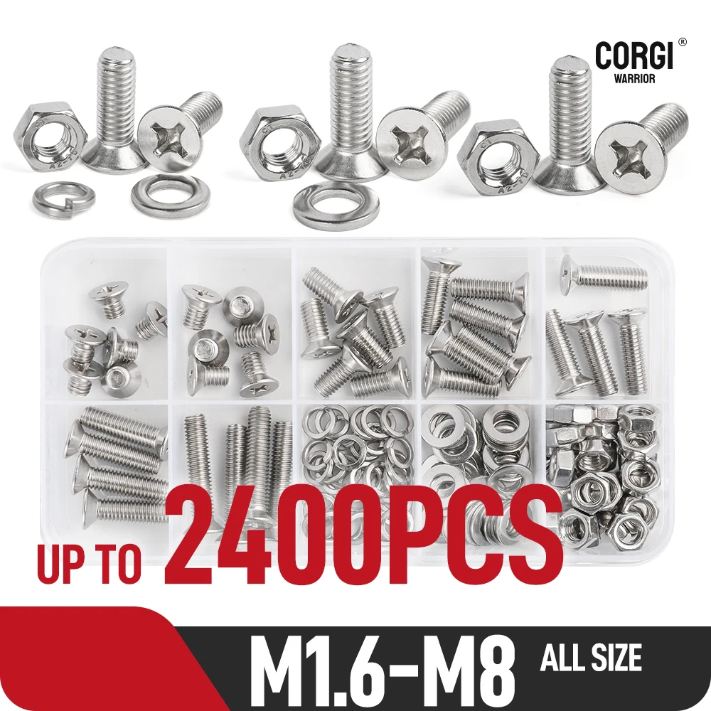 Flat Head Phillips Machine Screws Assortment Kit M1.6 M2 M2.5 M3 M4 M5 M6 M8 Up To 2400 Stainless Steel UNC Outlet Screw Nuts