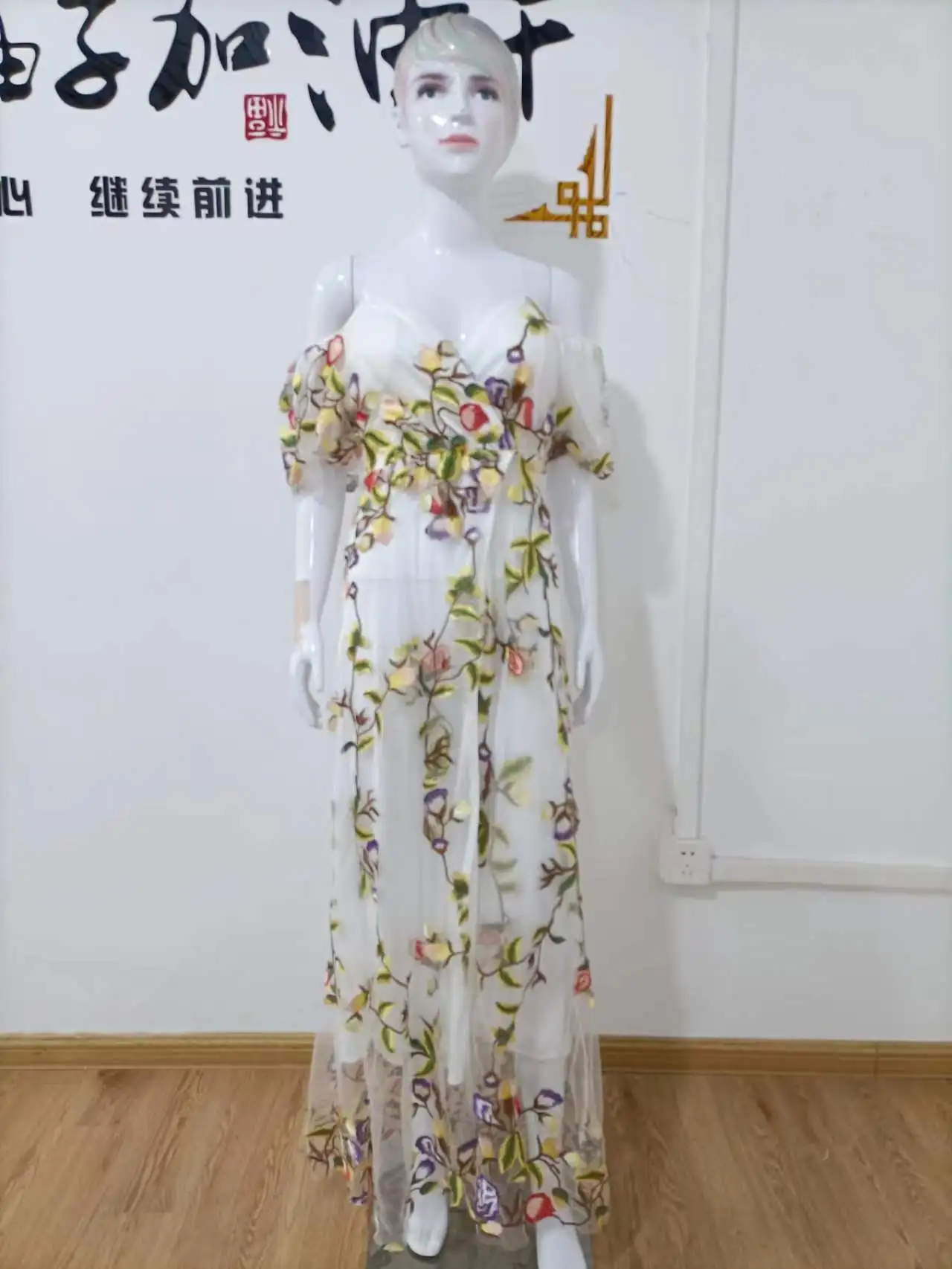Embroidery Mesh Maxi Dress Women 2025Summer Evening Party Sexy Strapless High Slit Dress Boho Beach Holiday