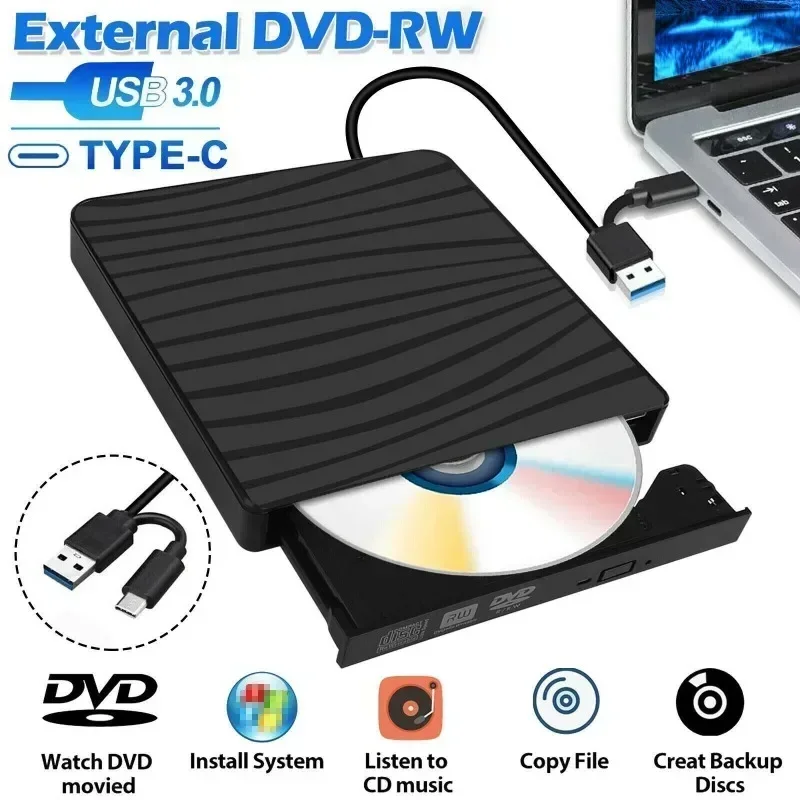 USB 3.0 Typ C Przenośny DVD CD+/-RW Zewnętrzny nagrywarka Napęd optyczny Czytnik dysków ROM Do laptopa PC Pulpit MacBook iMac Windows11