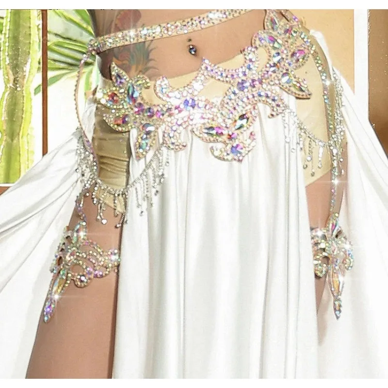 Women Belly Dance Waist Chain Belt With AB Stones Luxury Leg Loops  Professional Competition Performance Shiny Dance Accessories