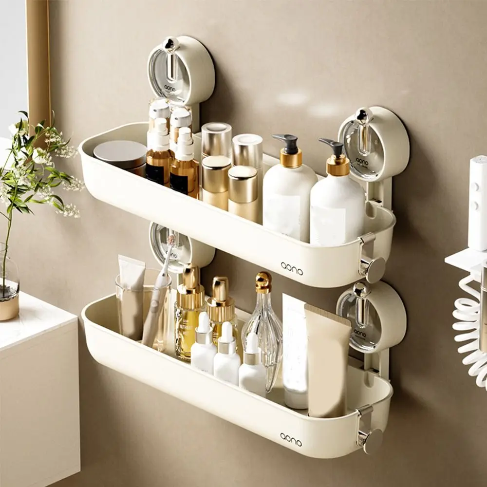 

Plastic Suction Cup Shelf Punch Free Wall Mounted Shower Storage Rack Large Capacity Removable Corner Storage Shelf Bathroom