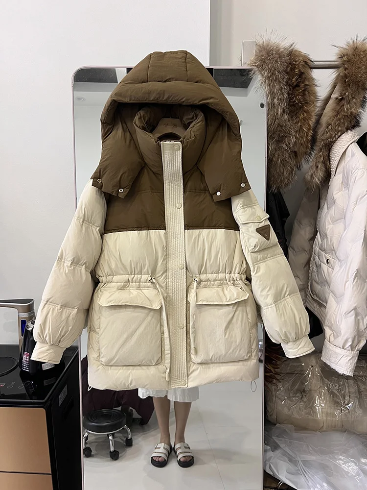 Chaqueta de plumón para mujer, nueva versión coreana con capucha, Bolsillo grande, chaqueta de plumón de pato blanco 90 a la moda, abrigo de moda 2025