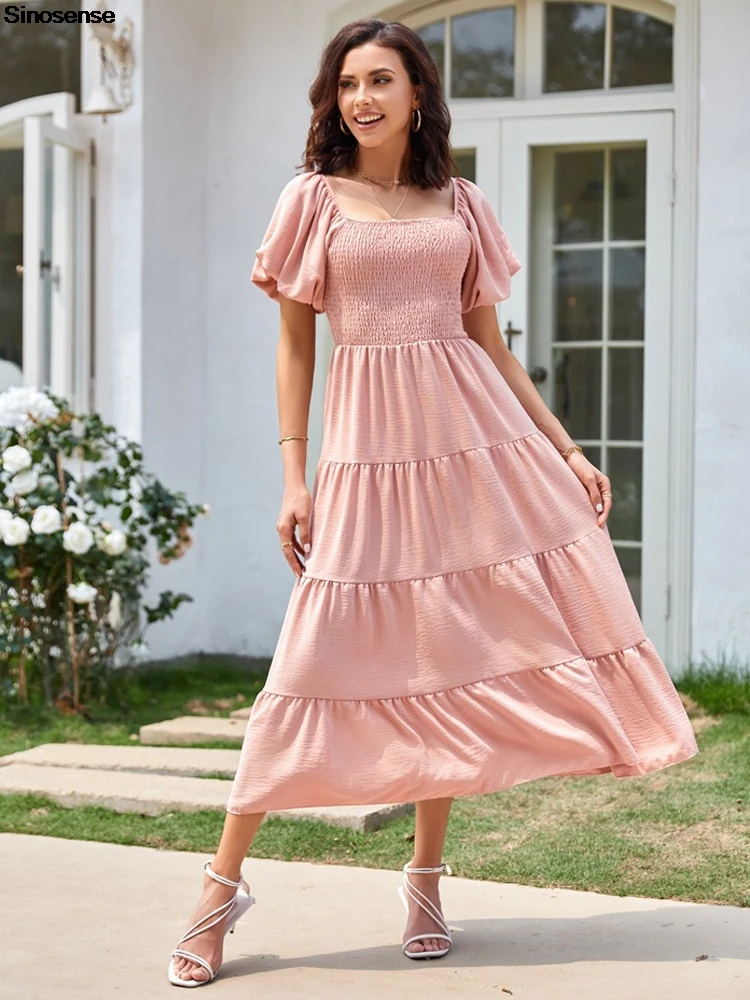 Women Summer Wedding Guest Coctail Party Dress Casual Flowy Beach Square Neck Puff Short Sleeve Smocked Tiered Boho Maxi Dress