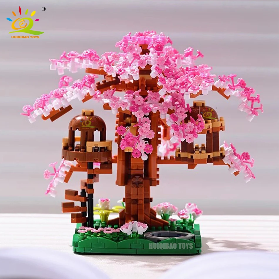 Bloques de construcción MOC para niños y adultos, juguete de ladrillos para armar casa del árbol rosa, flor de cerezo, modelo clásico, DIY, 1109 piezas