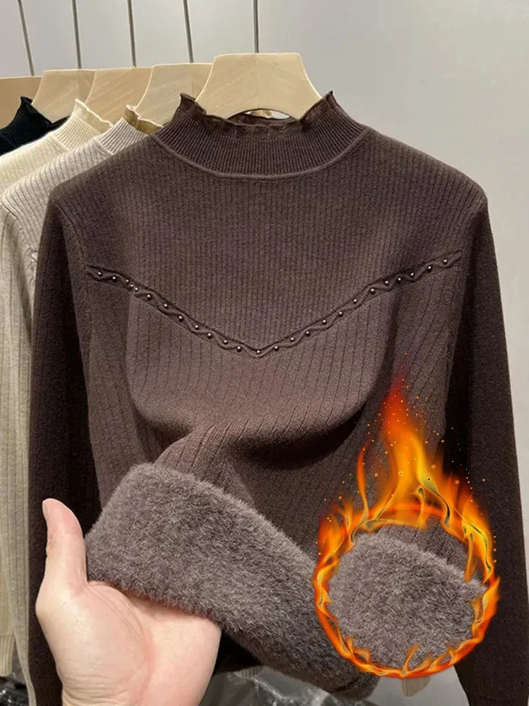 

Half Turtleneck Sweater Winter Slim Thicken Knitwear Jumper Woman Soft Knit Pullovers Casual Plush velvet Lined Warm Malhas Tops
