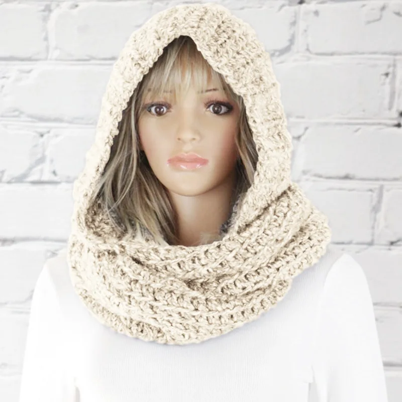 Chic Hooded Scarf with Matching Beanie – Solid Knit Neck Wrap, Warm Winter Hat Set, Fashionable Crochet Headband Scarf Combo