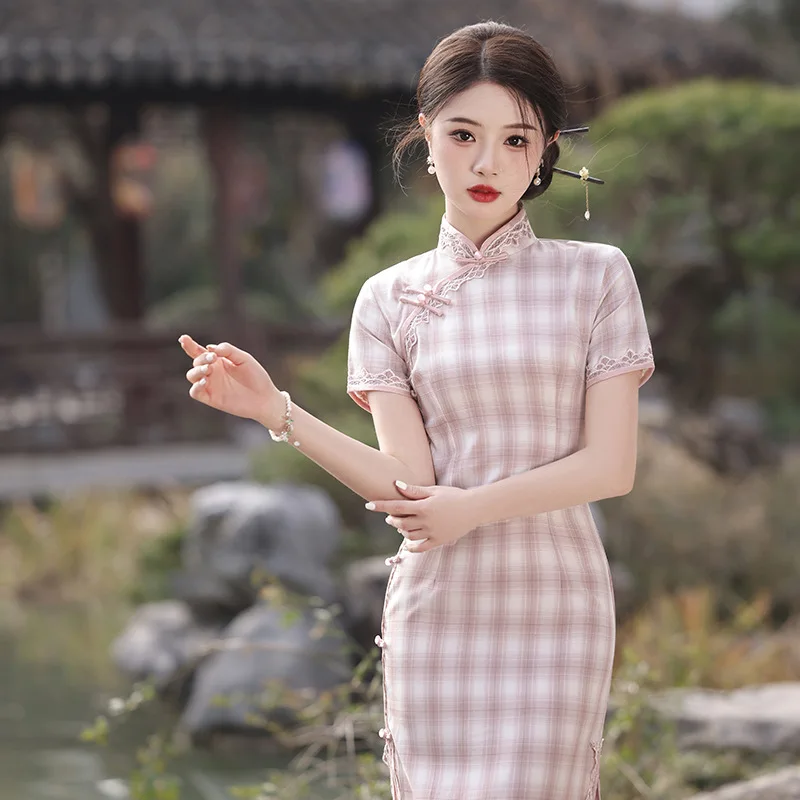 Pink Grid Cheongsam Chinese Traditional Clothing Retro Costume Stand Collar Short Sleeved Side Slit Slim Fit Dress for Women