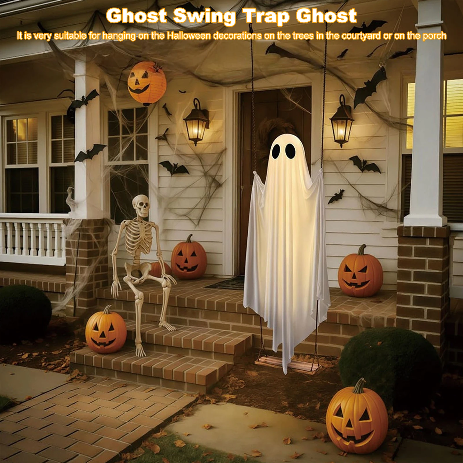 6FT Large Hanging Swing Ghost Halloween Decoration Cute White Ghost with String Light Spooky Ghost Ornament for Porch Yard Trees view 4