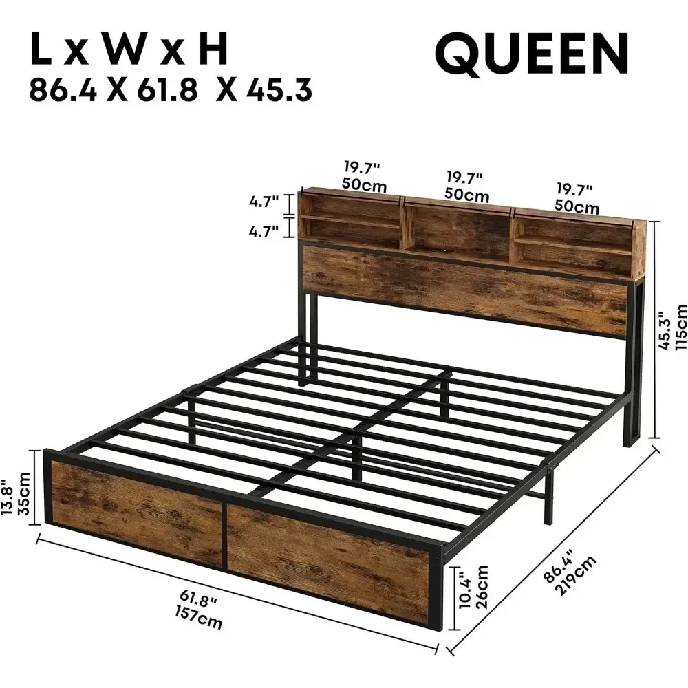 Cadre de lit Queen avec bibliothèque haute, planche de sauna et station de charge, lit à plateforme robuste et sans bruit, aucun ressort de boîte nécessaire