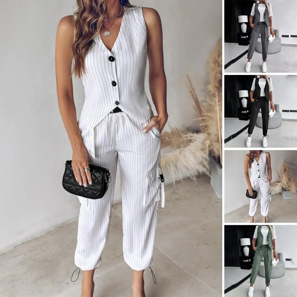 Ankle Length Pants Elegant Women's Vest Pants Set for Office Commute V Neck Waistcoat with High Waist Drawstring Hem Trousers