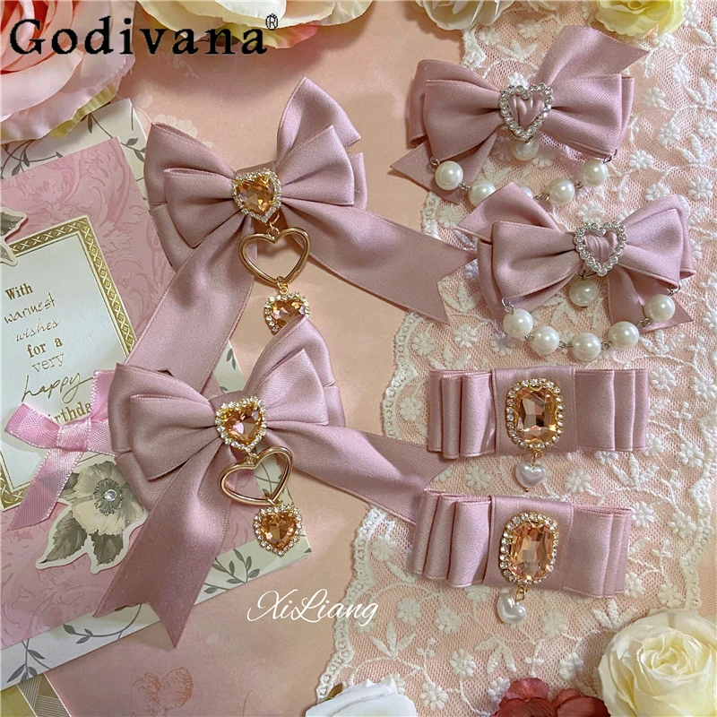 

Japanese Original Bow Love Rhinestone Pendant Pink Hair Lolita Hair Clip Girly Sweet Y2k Elegant All-Match Fashion Hairpin Women