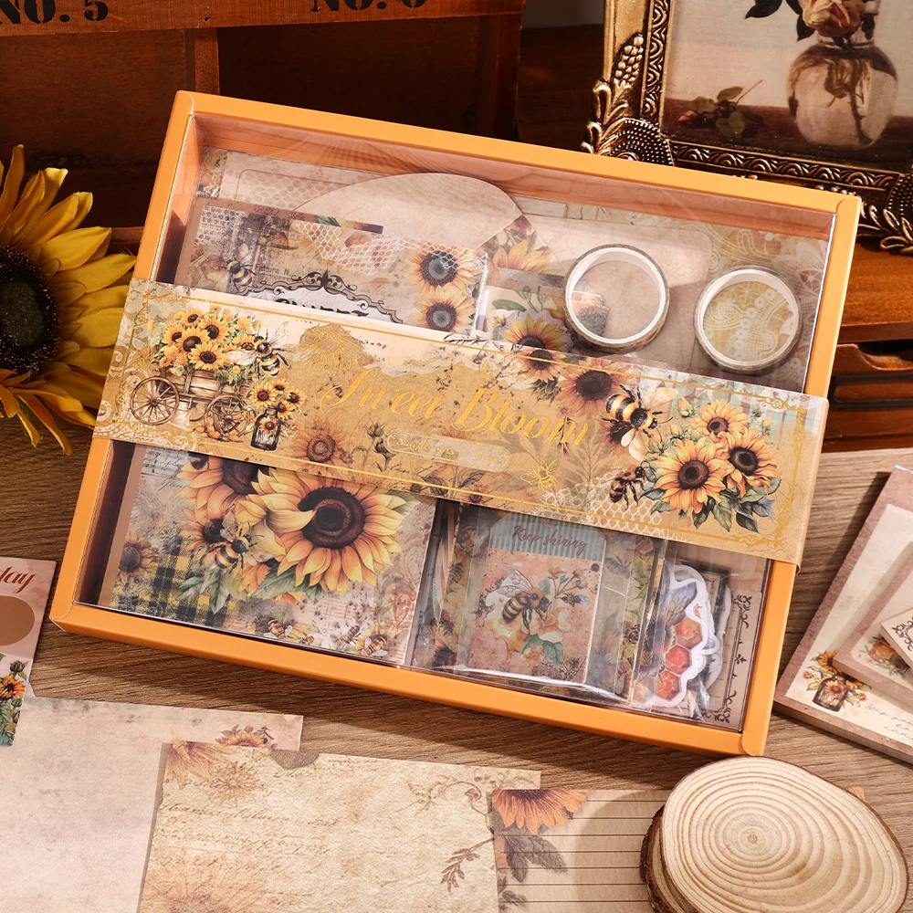1 Set Vintage Sunflower Craft Kit Mixed Scrapbook Paper Tape Notebook Stickers For Junk Journaling Planner DIY Stationery Gift