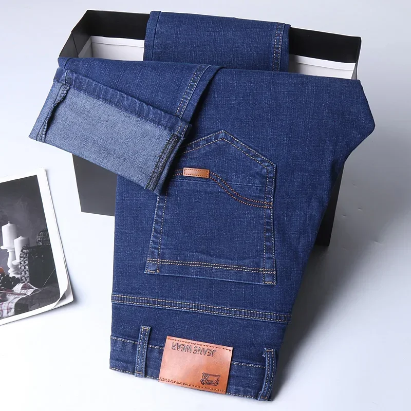 Celana Slim Fit Mewah Ringan Pria Celana Denim Kasual Lurus Fashion Bisnis Lembut Nyaman Pakaian Merek Pria