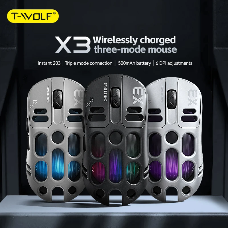 T-WOLF X3 Lightweight Wireless Gaming Mouse RGB Light Effect 1K Polling Rate Three Modes - Ergonomic PC Laptop Wireless Mouse