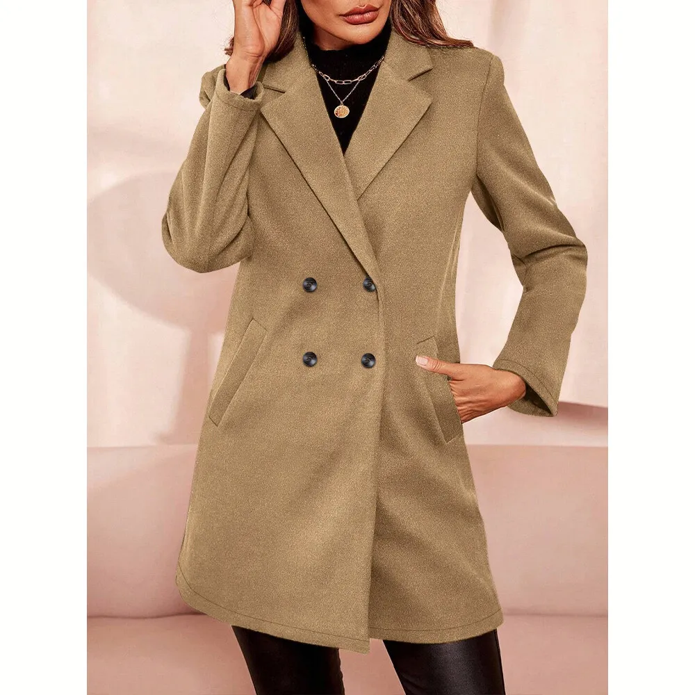 Mia Muse Women's Coats Winter Decent Korean Plain Long Sleeve Lapel Double Breasted Regular Workwear Coats