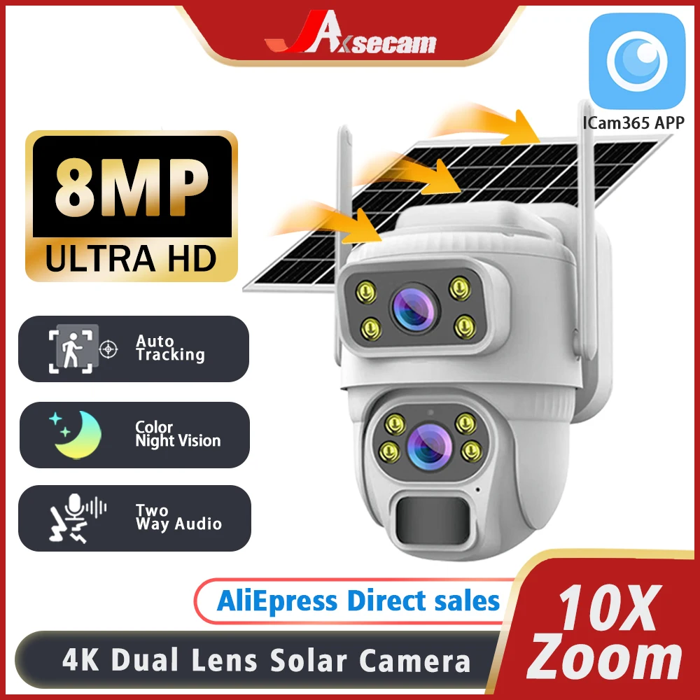 ICam 365 4K 8MP HD WiFi Camera 10X Zoom Outdoor Security protection Solar PTZ IP Camera Energy Battery CCTV Surveillance Came