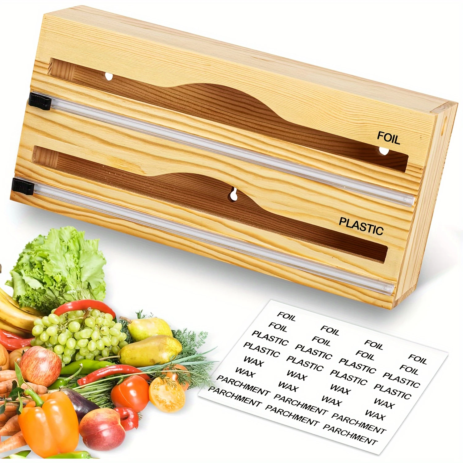

Convenient, essential 1pc Foil and Plastic Wrap Organizer with Labels and 2-in-1 Handy Dispenser, for easy use and aluminum foil