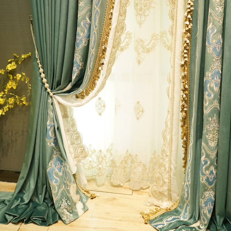 French High-end Atmospheric European Style Villa Velvet Cloth Embroidery Flowers Curtains for Living Dining Room Bedroom