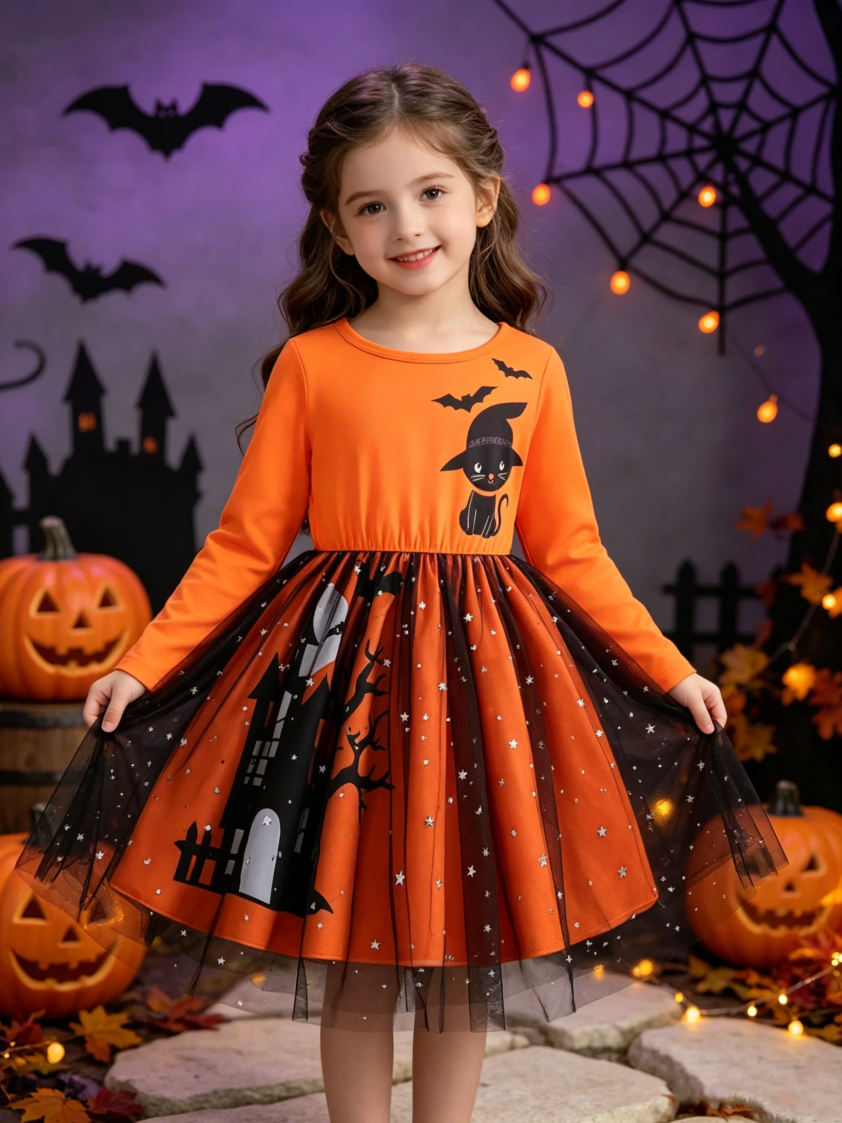 Halloween-Kleid für Kinder mit Katzenmuster, bequem, mit Rundhalsausschnitt, langen Ärmeln und einem Netzstoff-Ausschnitt an der Taille. – Detail 2