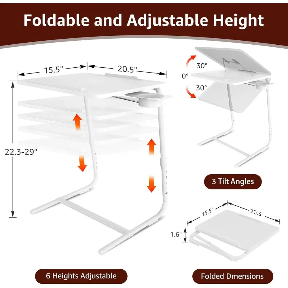 TV Trays Set of 2 - Folding TV Tray Adjustable Dinner Trays for Eating On Couch Wooden Tables Mate Stand Foldable White Desk wit