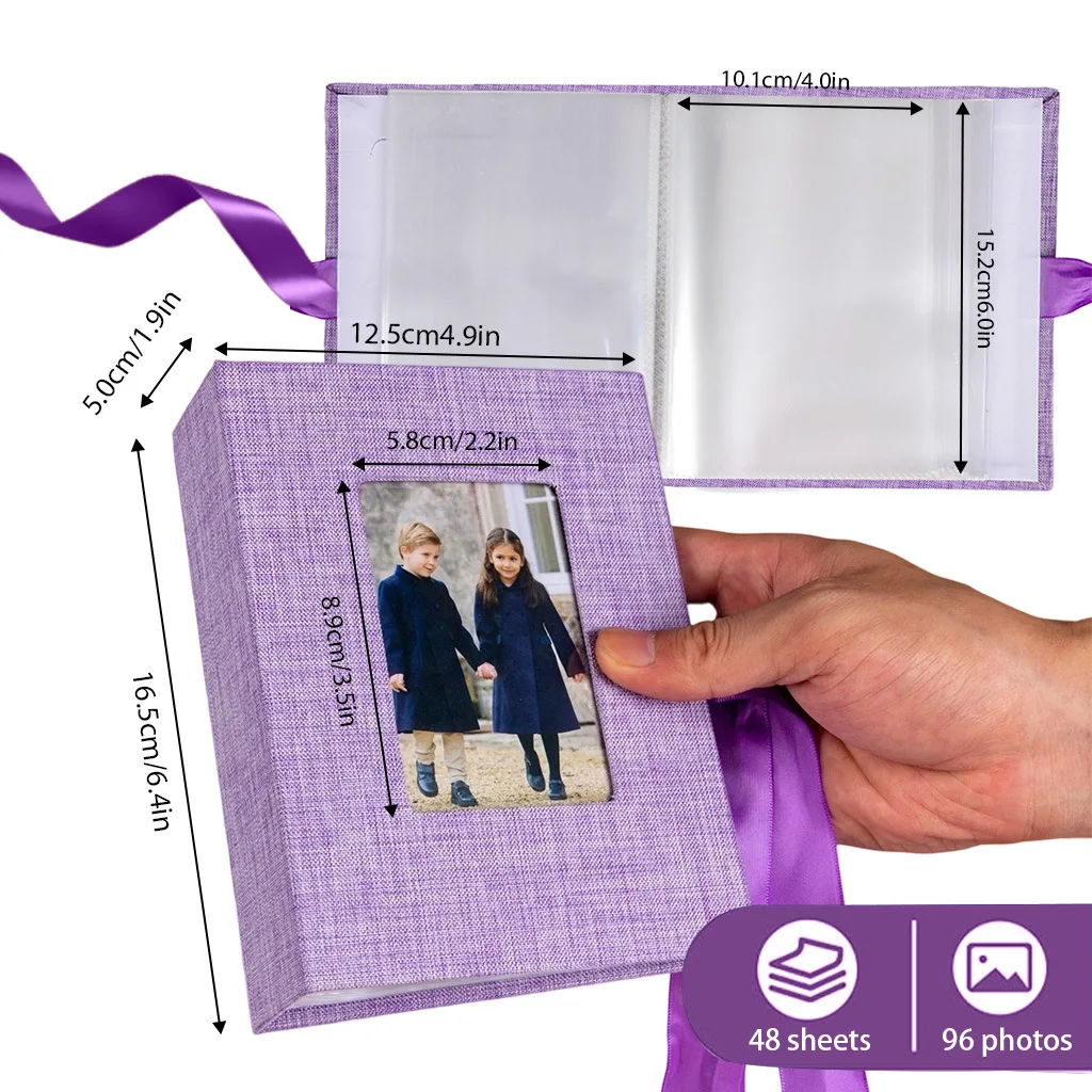 Linen Slip-in A6 Photo Albums with Picture Display Window, Photocard Binder 96 Photos, 10X15cm Picture Cards Holder with Ribbon