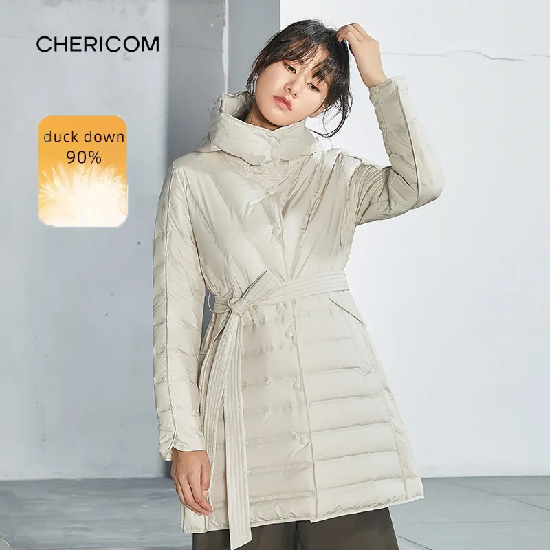 Chericom Women's Mid-Length Down Jackets Belted Lightweight High-neck Hooded Puffer Coats Warm Winter Padded Jacket Y258103Y