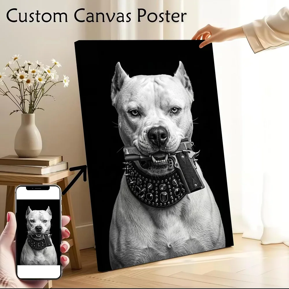 White Pitbull With Gun and Spiked Collar Printed Canvas Poster Personalized High Quality Wall Art Paintings for Home Decor Items