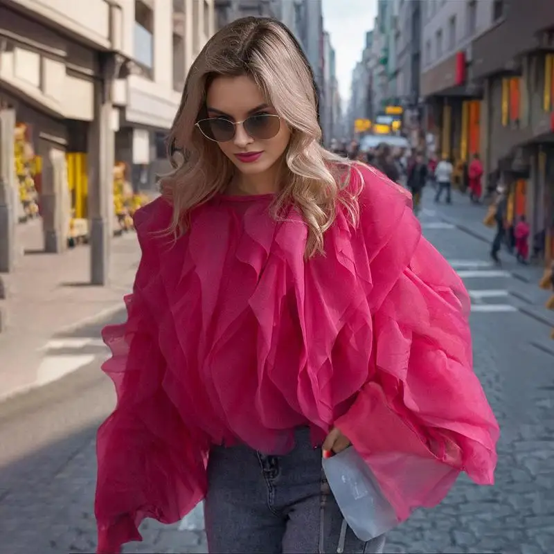 

Women's ort Top Spliced with Multi-layer Me irt Bubble Sve Polyester Long Sve Regular Thin Pure Color