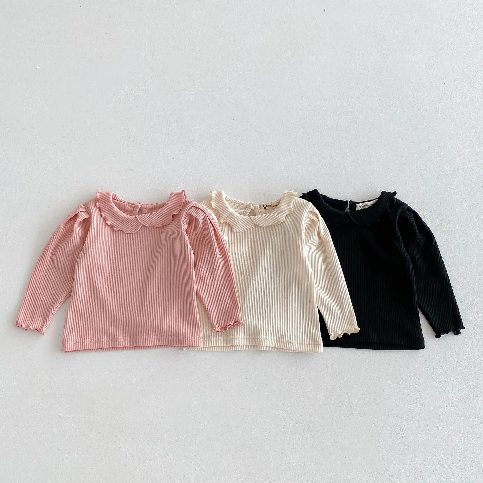 

Autumn New Girls Cute Lapel Bottoming Shirt Solid Versatile Children Long Sleeve Ribbed Tops Cotton Casual Pullover Kids Clothes