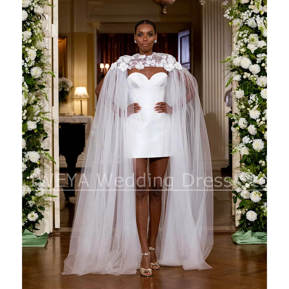 

Белые мини-свадебные платья с цветочной аппликацией, тюлевая накидка, элегантные мини-платья для церемонии, модные свадебные платья с круглым вырезом