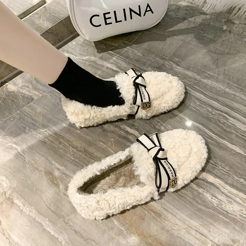 Wool Shoes Women Wear 2022 New Autumn and Winter Plush Cotton Warm Shoes Bow Lamb Wool Leisure Lefu Women's Shoes Trend