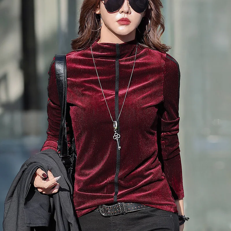 #0328 Winter Velvet T Shirt Women Split Joint Striped Long Sleeve T Shirt Warm Thick Turtleneck Office Tshirt Female Slim S-3XL