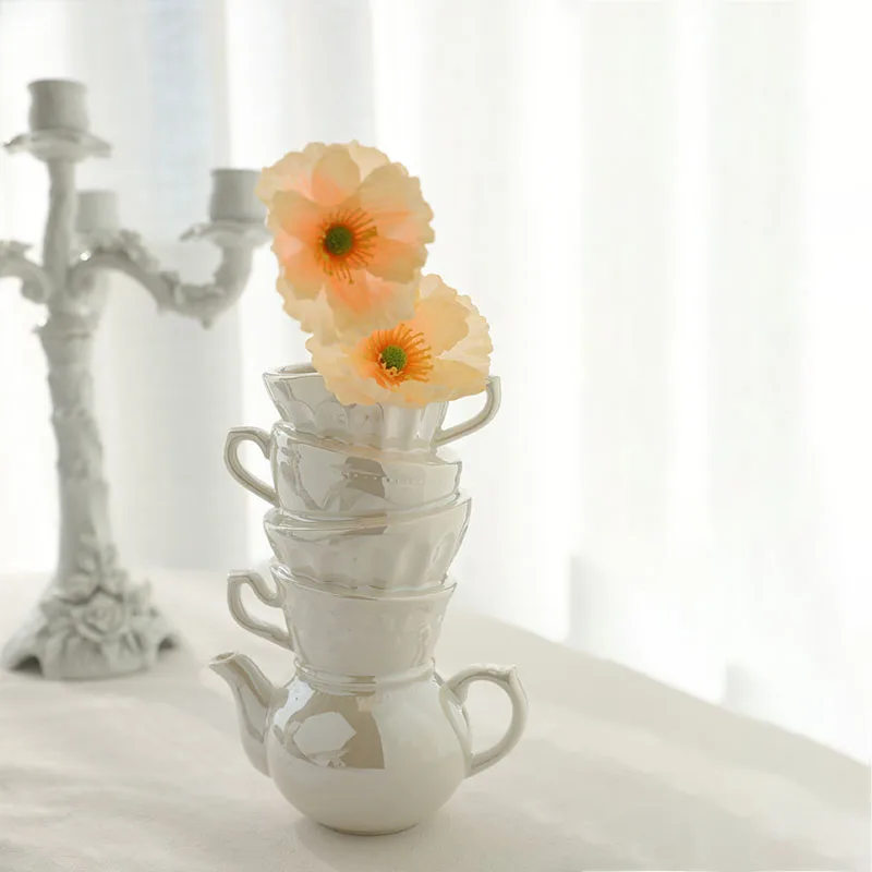 TingKe-Ceramic Stacking Cup Vase Ornaments, Korean-style Pearlescent, European and American Style, Home Decorations