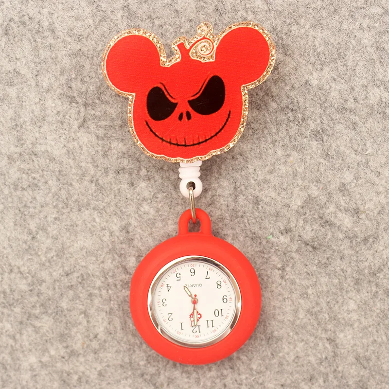 Reloj de bolsillo retráctil de dibujos animados para hombres y mujeres, reloj de bolsillo de ratón con lazo lindo, estilo terrorífico de Halloween, con Clip