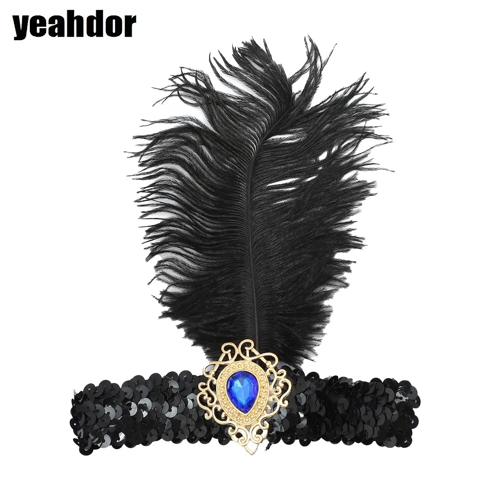 Unisex Shiny Sequin Headband with Fuzzy Feather Gem Decorations Elatic Band Headwear Fascinator Accessory for Halloween