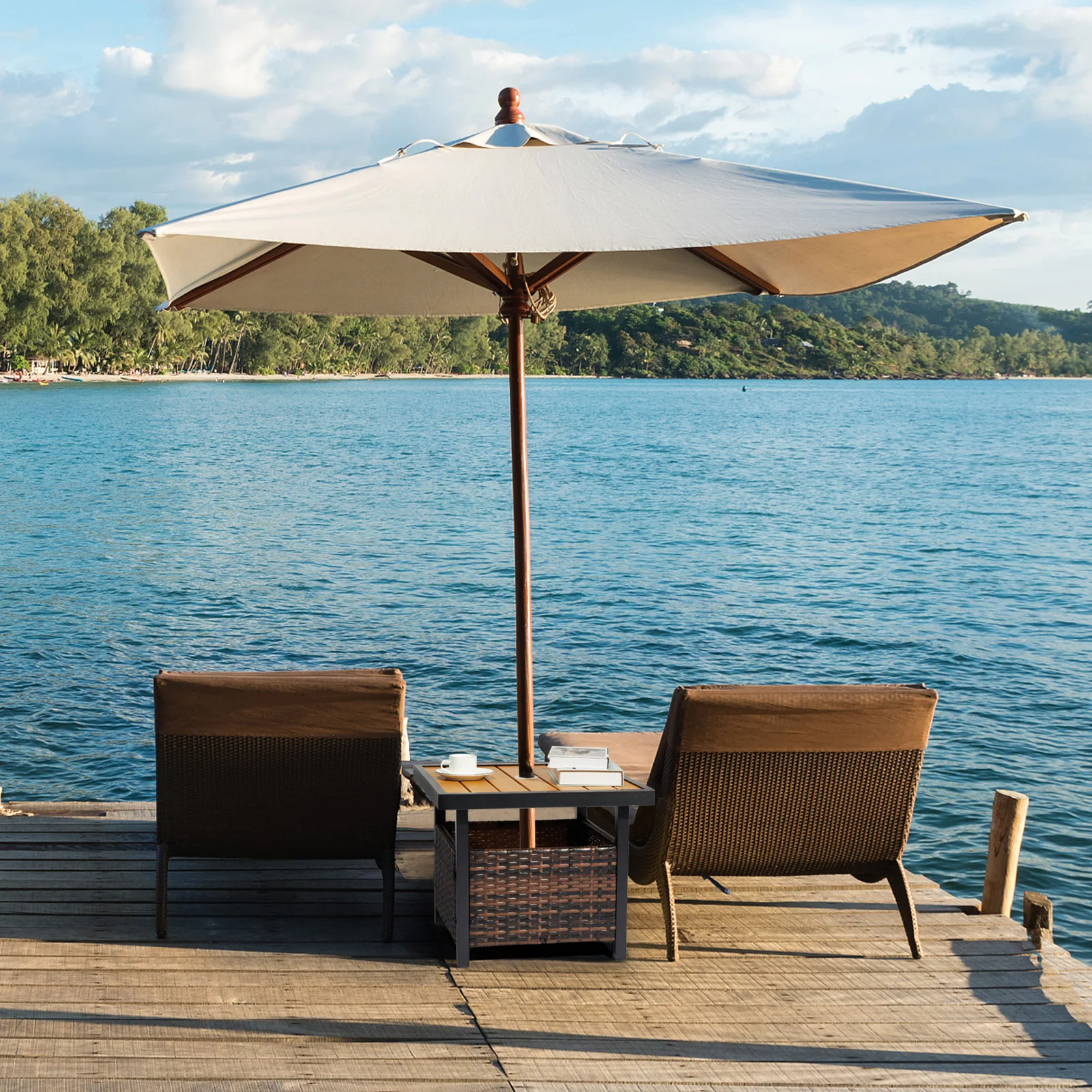 Brown Outdoor Wicker Side Table with Umbrella Hole & Storage Space Square PE Rattan End Table for Patio Garden Poolside Deck