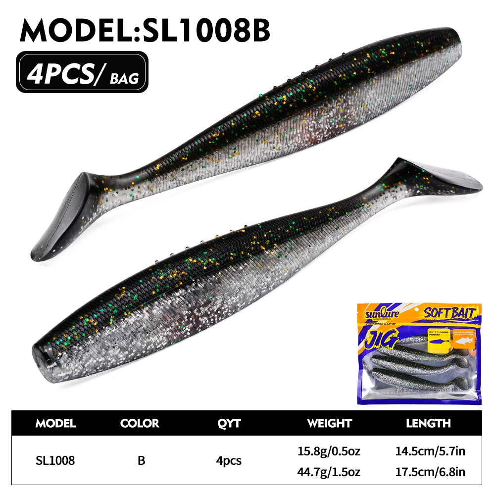 Sunlure 4 Stück/Beutel T-Tail Paddle Weichköder Künstlicher Silikon-Glitzer-Swimbait 14,5/17,5 cm Weichköder für Bass-Salzwasserfischen Pesca