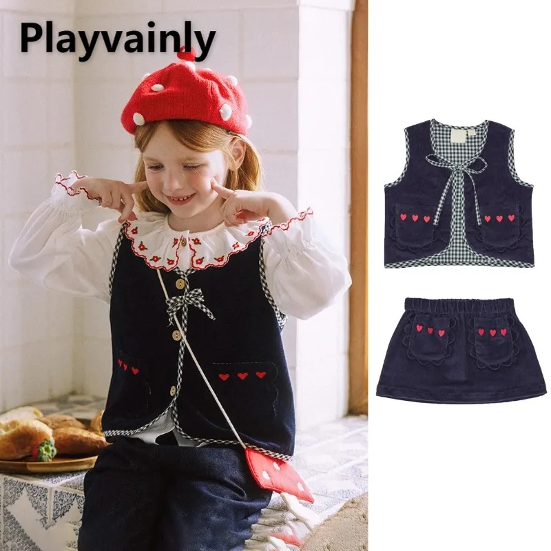 

2025 New Autumn Winter Girls Trendy Corduroy Sets Plaid Patchwork Blue Sleeveless Vest Elastic Waist Skirt Kids Clothes W5269