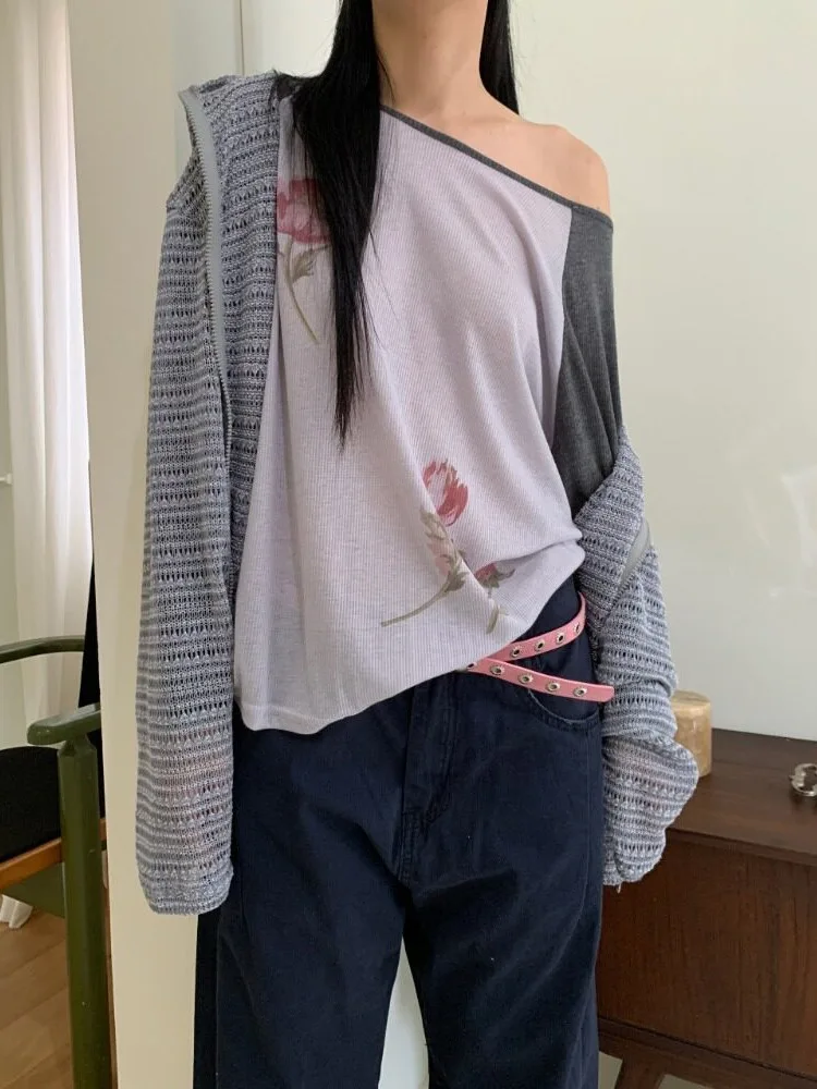 Korean Style Long Sleeve One Shoulder Splice T-Shirt Women Loose Feeling Base Shirt Top Flower Collision Color Chic 2026