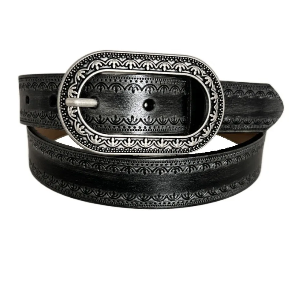 

Gradient Men Retro Waist Belt 2.8CM Adjustable PU Leather Belt Carved Embossed Metal Buckle Vintage Waistband for Jeans Pants
